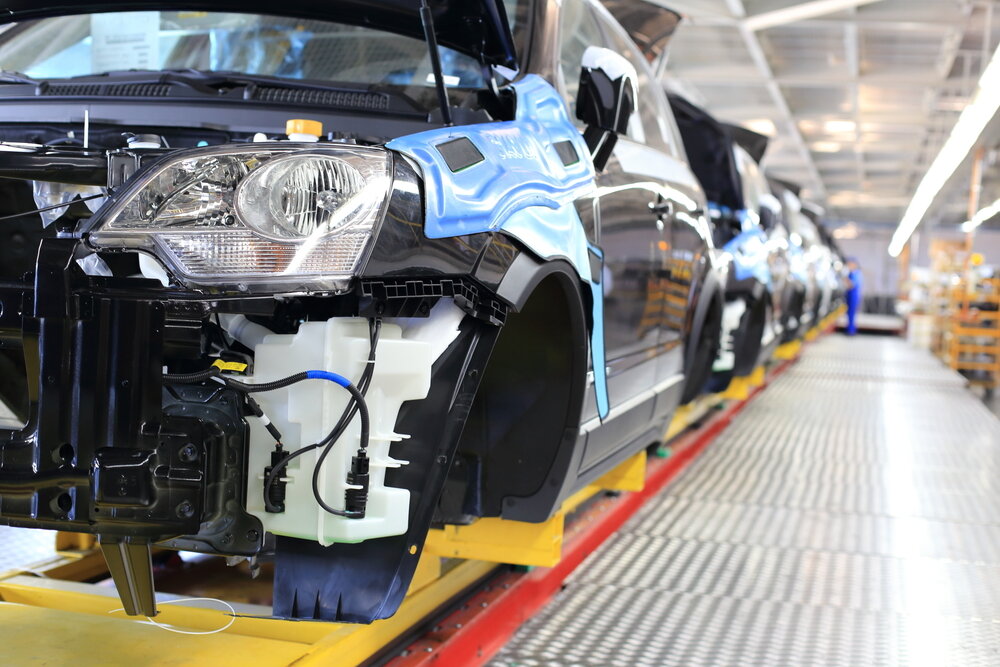 Cars being assembled in car factory