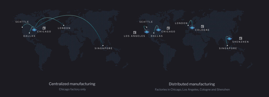 Map of centralized and distributed manufacturing for Fast Radius